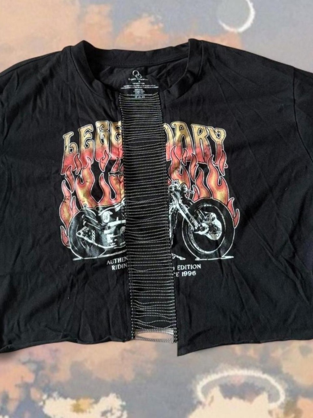 Black biker tee with flame design
